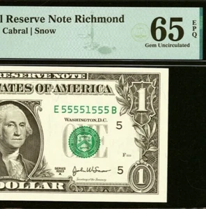 2003A $1 Federal Reserve Note PMG 65EPQ gem near solid serial number 55551555 - Picture 1 of 3