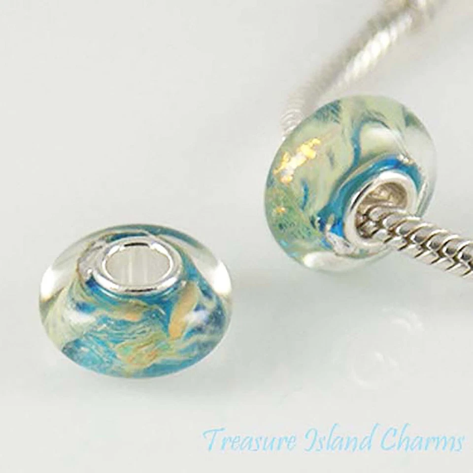 Golden Sand Blue Sea Foil Murano Glass 925 Sterling Silver European Bead Charm - Image 1 of 1