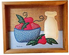 Vintage 1980s Valorie's Folk Art 3D Handcrafted Applique Bowl Strawberries Milk