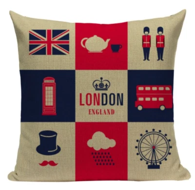 London England Squares L25 Cushion Pillow Cover UK Union Jack Bus Eye Phone Tea - Image 1 of 4