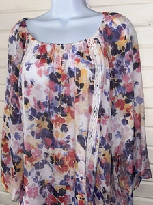 NWT Zac & Rachel Sz XL Watercolor Floral Crochet Trim Blouse Tunic Pink Blue - Picture 1 of 14