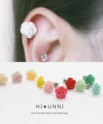 16g 11mm Rose cartilage earrings, tragus helix conch ear stud 316l piercing, 1pc - Image 1 of 4