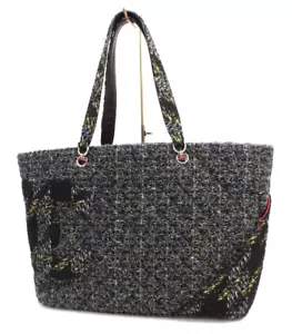 CHANEL-Cambon Tote Handbag Shoulder Bag Purse Tweed cloth Green Black Authentic - Picture 1 of 24
