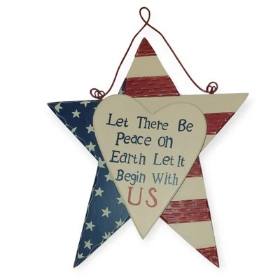 4th of July Patriotic American Flag Wood Star Heart Wall Hanging Rustic USA 16"  - Image 1 of 4