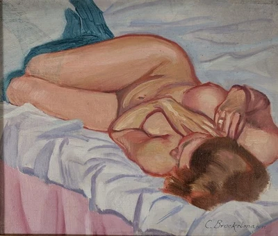 Camillo Brockelmann, Weiblicher Akt mit grünen Strümpfen, Öl auf Leinen, um 1920 - Bild 1 von 4