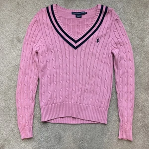 Vintage Ralph Lauren Sport Tennis Pullover Damen XL Zopfmuster Pink Preppy Cricket - Bild 1 von 5