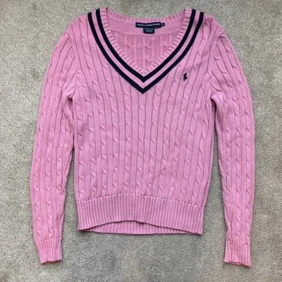 Suéter de tênis esportivo feminino vintage Ralph Lauren XL malha de cabo rosa críquete preppy - Imagem 1 de 4