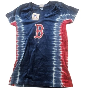 Boston Red Sox Shirt Womens Tie Dye Navy Red MLB Baseball Majestic V Neck - Picture 1 of 7