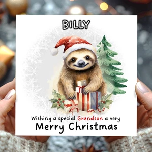 Personalised Christmas Card Cute Sloth Granddaughter Grandson Daughter Son ABK - Picture 1 of 3