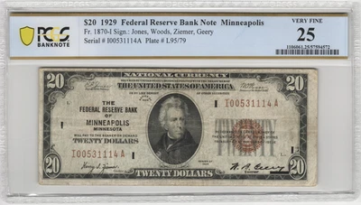 Fr.1870-i 1929 Minneapolis $20 Federal Reserve Bank Note PCGS VF 25 - Image 1 of 2