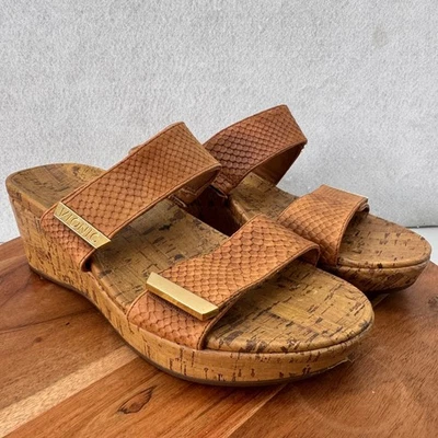Sandalias de cuña Vionic de corcho cómodas deslizables imitación piel de serpiente cuero tostado talla 9 Foto 1 de 4