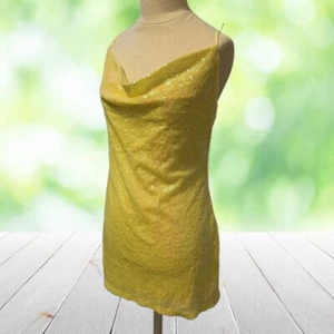 Vestido LUCY IN THE SKY M Amarillo Mini Lentejuelas Capucha Cortina Bodycon Fiesta Hecho en EE. UU. - Imagen 1 de 14