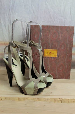 Nuevo en Caja ETRO Negro Beige Caqui Gamuza Charol Plataforma Tacones Zapatos 39 9 Foto 1 de 4