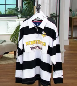 NFL MENS Tommy Hilfiger Rugby Top LONG SLEEVE MINNESOTA VIKINGS BLACK LARGE - Picture 1 of 8