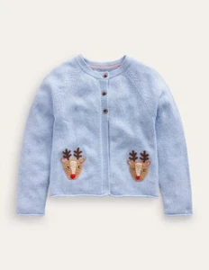 New Girls BODEN Pebble Blue Reindeer Festive Crochet Cardigan Size 5-6 Years - Picture 1 of 4