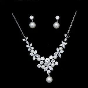 Wedding Bridal Zirconia Platinum Plated Simulated Diamond Necklace Earrings Set - Picture 1 of 1