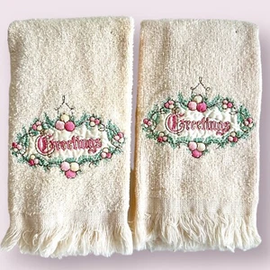 VTG Pink Christmas CANNON Fingertip Towel Fringed Granny Chic Victorian Pair of2 - Picture 1 of 9