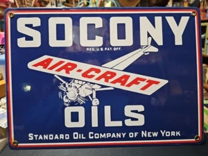 SOCONY AIRPLANE AVIATION STANDARD OIL CO NEWYORK PORCELAIN SIGN BLUE & WHITE VTG - Picture 1 of 14
