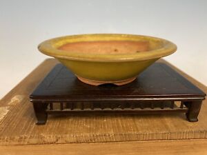 Yellow Glazed Round Tokoname Bonsai Tree Pot Made By Bigei 5 1/4” Great Patina!