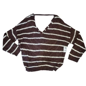NWT Sweater Womens 3X Charlotte Russe V Neck Knot Twist Back Brown White Stripes - Picture 1 of 10