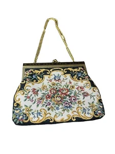 Vintage Tapestry Small Purse Gold Chain Black Interior 8” X 6” Floral Pattern - Picture 1 of 6