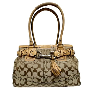 Coach Hampton F15665 Signature Logo Canvas Khaki Braided Leather Handbag Vintage - Picture 1 of 23