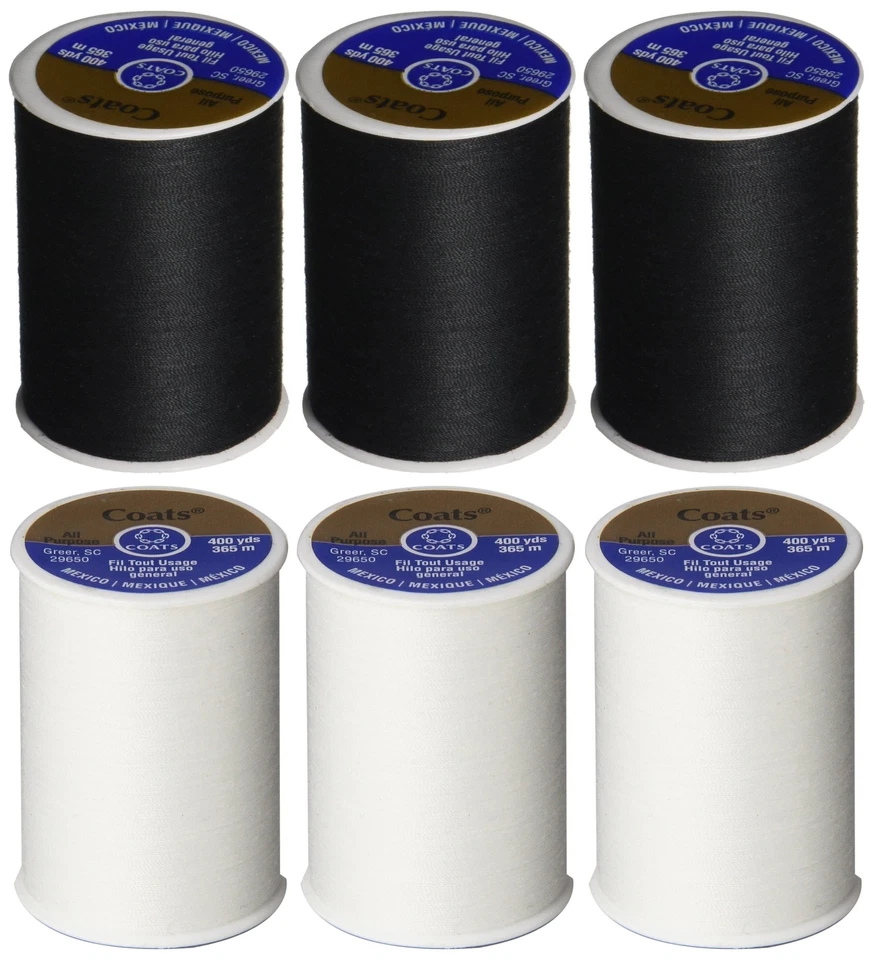 6 Pack Bundle - 3 Black + 3 White - Dual Duty All-Purpose Thread - Three 400 ... - Image 1 of 1