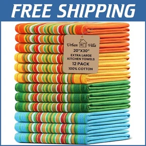 12 Pack Multi-Color Cotton Kitchen Towels - Highly Absorbent & Soft Dish Cloths - Picture 1 of 11