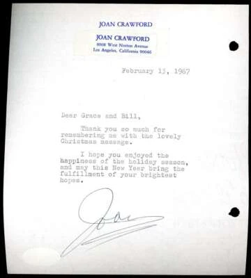 Carta personal autógrafa firmada por Joan Crawford JSA certificado de autenticidad 1967 Foto 1 de 2