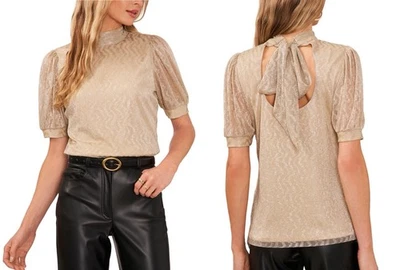 NEW VINCE CAMINO SZ S Metallic Light Gold Open Back Blouse PUFF SHORT SLEEVE - Image 1 of 4