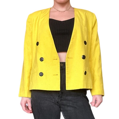 Vintage '80s New Wave Oleg Cassini Bright Yellow Boxy Oversized Blazer M/L - Image 1 of 4