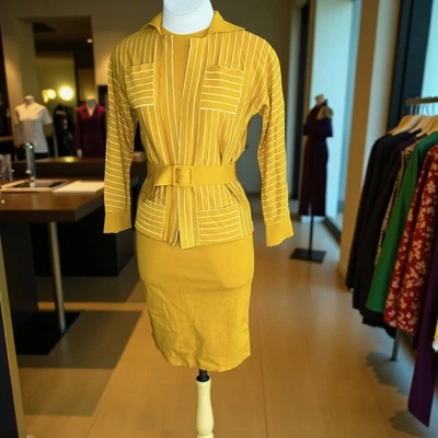 Vintage 50s Italian Amalfi Gold Striped Wool Knit 3 Piece Pencil Suit  - Image 1 of 4