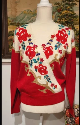 NOS VTG Jaclyn Smith Christmas Holiday Sweater RED GOLD Angora Wool 80’s Glam L - Image 1 of 4