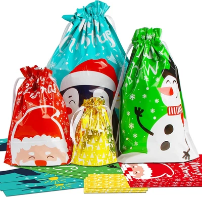 30PCS Christmas Drawstring Gift Bags, 4 Styles Christmas Wrapping Gift Bags Larg