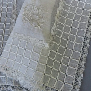 Antique 19thC Handkerchief Sheer Batiste Hand Embroidered MONOGRAM w Drawnwork - Picture 1 of 9