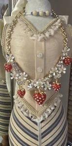 BETSEY JOHNSON Red Strawberry White Lilly Flower Rhinestone Necklace Gold Tone - Picture 1 of 5