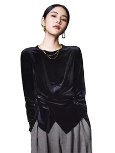 Schwarz Gold Samt Unterteil Shirt Damen Frühherbst unregelmäßiger Saum Tops Gr. - Bild 1 von 13