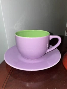 LOT (2) P ITALIAN MADE CERAMIC CAPPUCCINO CUP & SAUCER SET 6 oz LILAC GREEN NEW - Picture 1 of 3