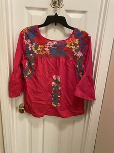 J Marie Top Shirt Blouse Small Floral Embroidered Peasant Pink Bohemian Linen - Picture 1 of 13