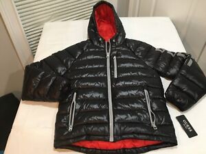 NWT (Defect) $225.00 Guess Mens Logo Puffer Hooded Jacket Black Size SMALL