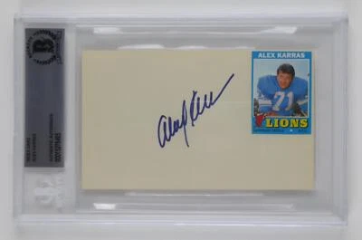 Tarjeta índice firmada por Alex Karras en losa 3x5 director Detroit Lions Beckett certificado de autenticidad Foto 1 de 3
