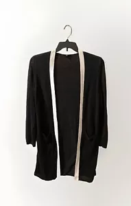 Talbots Open Cardigan Sweater MP Long Line Black Ivory Linen Blend Pockets - Picture 1 of 7