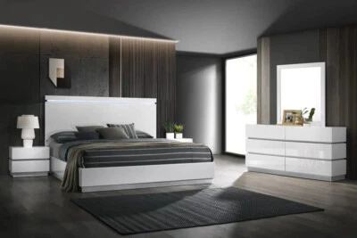 Modern Italian 4PC Gloss White LED Queen King Bedroom Set Minimalist Furniture - Image 1 of 3