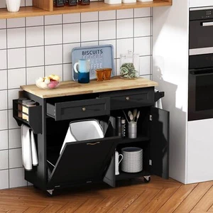 51" Rolling Kitchen Storage Island, Movable Carts, Trash Cabinet with Drop Leaf - Picture 1 of 19