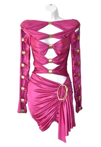 C0 Auth RAISA VANESSA Fuchsia Draped Gold Tone Detail Cutout Mini Dress Size 34 - Picture 1 of 7