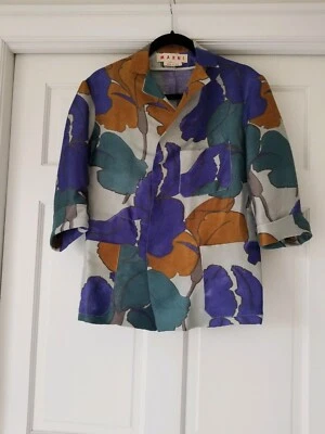 Marni Purple Green Brown Taupe Large Floral Art Silk/ Linen Jacket Size 38/4 - Image 1 of 4