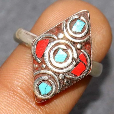 Anillo Nepalí Tribal Tibetano Turquesa Rojo Coral EE. UU. 9 Único en su Clase GW Foto 1 de 3