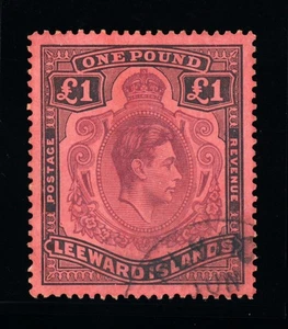 [LEEWARD ISLANDS] 1938 KGVI: 1£ SG 114af ‘Gash in Chin’ ERROR w/Cert (USED*) - Picture 1 of 4