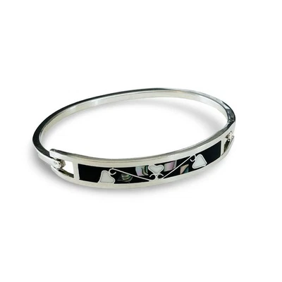 Mexico Inlay Cuff Hinged Bracelet 925 Sterling Silver Black & Pearl Size 6.5” - Image 1 of 4