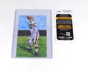Tarjeta 4x6 Browns firmada por Otto Graham 1989 Salón de la Fama del Fútbol Profesional/5000 JSA Automática - Imagen 1 de 2